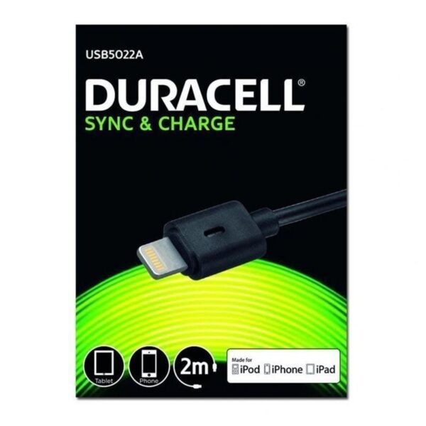 Cable USB Lightning Duracell USB5022A/ USB Macho - Lightning Macho/ 2m/ Negro 5055190170038 USB5022A DRC-CABLE USB5022A