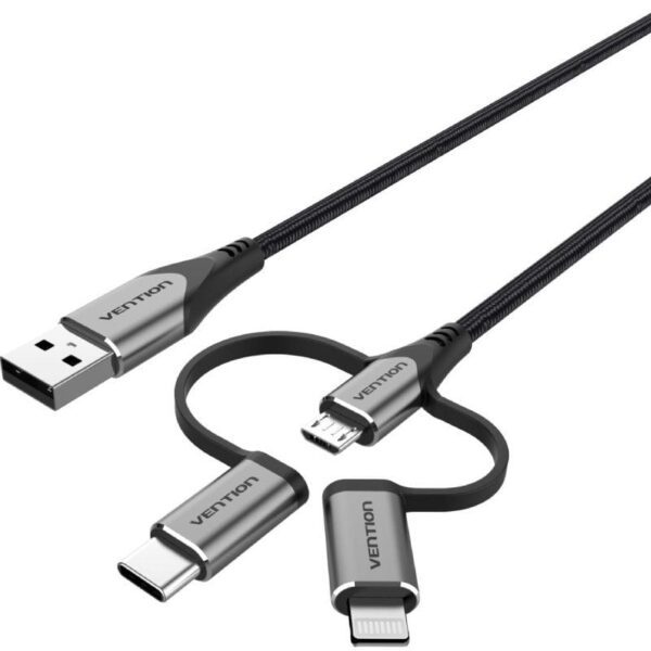 Cable USB 2.0 Tipo-C Vention CQJHF/ USB Macho/ USB Tipo-C Macho - MicroUSB Macho - Lightning Macho/ 480Mbps/ 1m/ Gris 6922794752856 CQJHF VEN-CAB CQJHF
