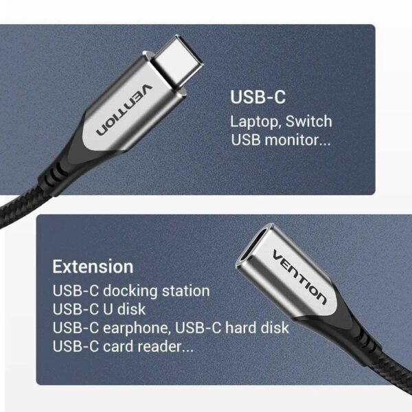 Cable Alargador USB 3.1 Tipo-C Vention TABHF/ USB Tipo-C Macho - USB Tipo-C Hembra/ Hasta 60W/ 5Gbps/ 1m/ Gris - Imagen 4