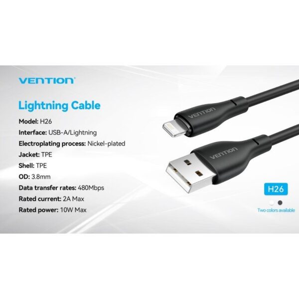 Cable USB 2.0 Lightning Vention H26BF/ Lightning Macho - USB Macho/ 10W/ 480Mbps/ 1m/ Negro - Imagen 3