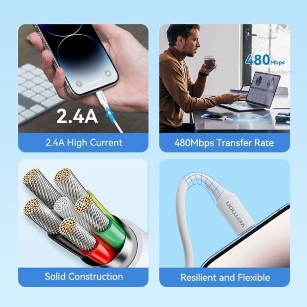 Cable USB 2.0 Lightning Vention LAIWF/ USB Macho - Lightning Macho/ 480Mbps/ 1m/ Blanco - Imagen 3