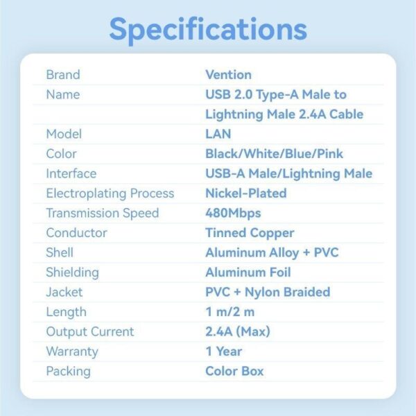 Cable USB 2.0 Lightning Vention LANSF/ USB Macho - Lightning Macho/ 480Mbps/ 1m/ Azul - Imagen 3