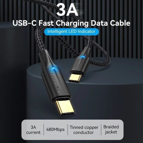 Cable USB 2.0 Tipo-C 3A Vention TAUBG/ USB Tipo-C Macho - USB Tipo-C Macho/ Hasta 60W/ 480Mbps/ 1.5m/ Negro - Imagen 2