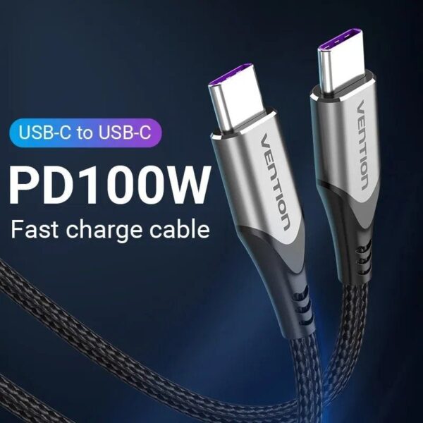 Cable USB 2.0 Tipo-C 5A 100W Vention TAEHH/ USB Tipo-C Macho - USB Tipo-C Macho/ Hasta 100W/ 480Mbps/ 2m/ Gris - Imagen 2