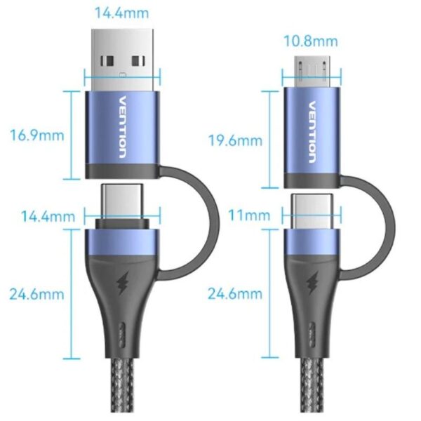 Cable USB 2.0 Tipo-C Vention CTLLF/ USB Tipo-C Macho - USB Macho/ MicroUSB Macho - USB Tipo-C Macho/ Hasta 100W/ 480Mbps/ 1m/ Negro y Azul - Imagen 5