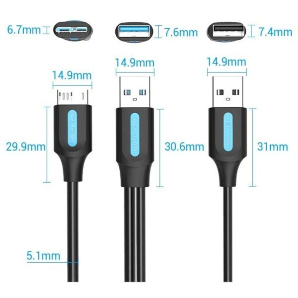 Cable USB 3.0 Vention CQPBF/ USB Macho - MicroUSB Macho/ USB 2.0 Macho/ 5Gbps/ 1m/ Negro - Imagen 4