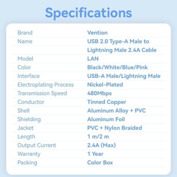 Cable USB Lightning Vention LANWF/ USB Macho - Lightning Macho/ 480Mbps/ 1m/ Blanco - Imagen 3