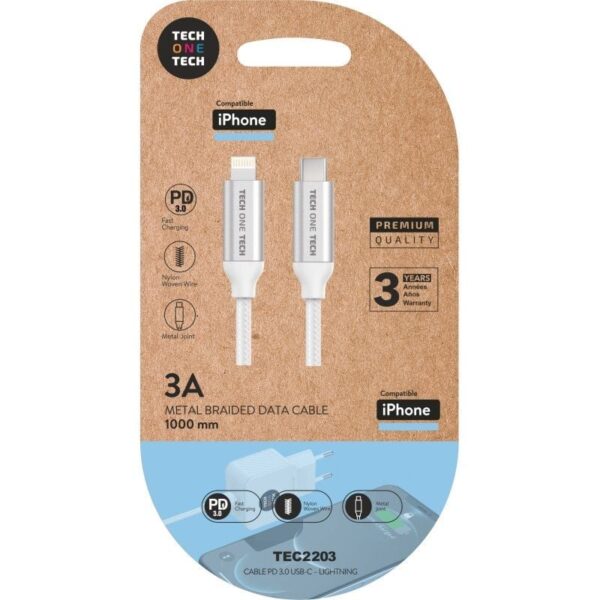 Cable USB Tipo-C 2.0 Lightning Tech One Tech TEC2203/ Lightning Macho - USB Tipo-C Macho/ 1m/ Blanco 8436546593072 TEC2203 TOT-CAB TEC2203