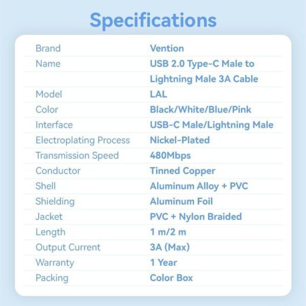 Cable USB Tipo-C Lightning Vention LALPF/ USB Tipo-C Macho - Lightning Macho/ 27W/ 480Mbps/ 1m/ Rosa - Imagen 2