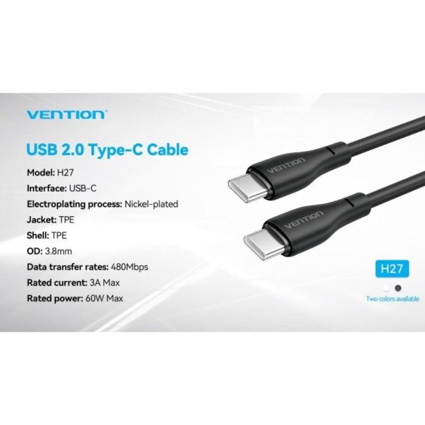 Cable USB Tipo-C Vention H27WF/ USB Tipo-C Macho - USB Tipo-C Macho/ 60W/ 480Mbps/ 1m/ Blanco - Imagen 3