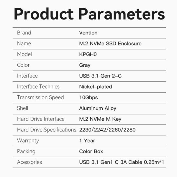 Caja Externa para Disco SSD M.2 NVMe Vention USB Tipo-C  KPGH0/ USB 3.1 Gen2/ Sin tornillos - Imagen 3