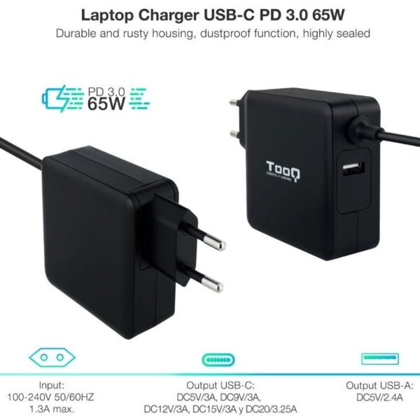 Cargador de Portátil TooQ TQLC-USBC65PD USB Tipo-C/ 65W/ Automático/ Voltaje 5-20V/ 1x USB - Imagen 2