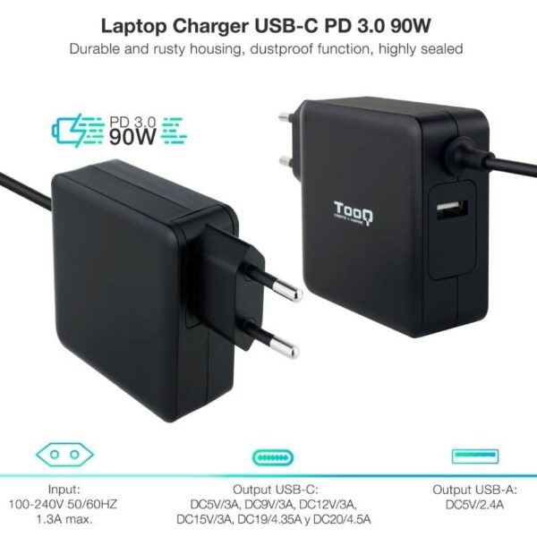 Cargador de Portátil TooQ TQLC-USBC90PD USB Tipo-C/ 90W/ Automático/ Voltaje 5-20V/ 1x USB Tipo-C - Imagen 2