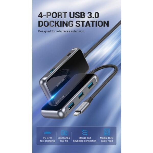 Hub USB Tipo-C Vention TFDHB/ 4xUSB/ 1xUSB Tipo-C PD/ Gris - Imagen 4