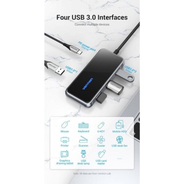 Hub USB Tipo-C Vention TFDHB/ 4xUSB/ 1xUSB Tipo-C PD/ Gris - Imagen 5