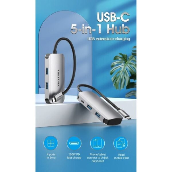 Hub USB Tipo-C Vention TNBHB/ 4xUSB/ 1xUSB Tipo-C PD - Imagen 2