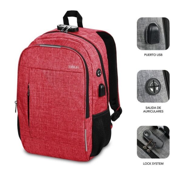 Mochila Subblim Urban Lock para Portátiles hasta 16"/ Puerto USB/ Antirrobo/ Roja - Imagen 3