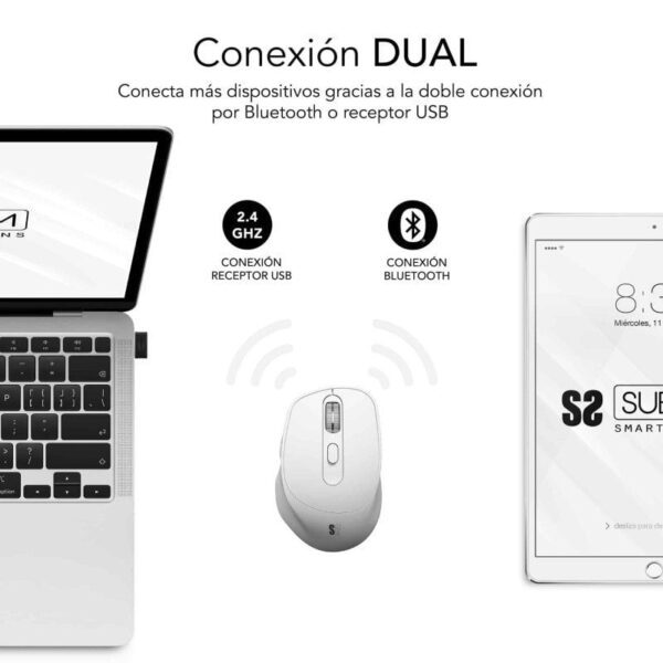 Ratón Ergonómico Inalámbrico por Bluetooth/ 2.4GHz Subblim Comfort Ergo Dual Battery/ Batería recargable/ Hasta 2400 DPI/ Blanco - Imagen 3