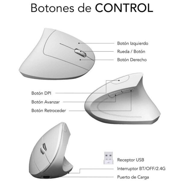 Ratón Ergonómico Inalámbrico por Bluetooth/ 2.4GHz Subblim Glide Vertical Ergo Dual Battery/ Batería Recargable/ Hasta 1600 DPI/ Blanco - Imagen 4