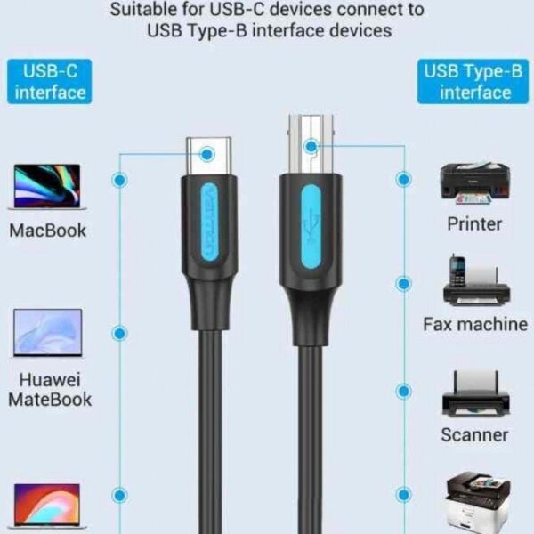 Cable USB 2.0 Impresora Vention CQUBF/ USB Tipo-B Macho - USB Tipo-C Macho/ 480Mbps/ 1m/ Negro - Imagen 2