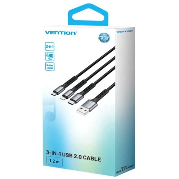 Cable USB 2.0 Lightning Vention H18BAV/ USB Tipo-C Macho/ Lightning Macho - MicroUSB Macho - USB Macho/ 1.2m/ Negro - Imagen 2