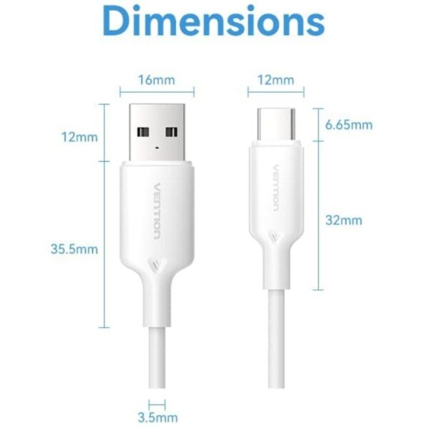 Cable USB 2.0 Tipo-C Vention CTQWH/ USB Tipo-C Macho - USB Macho/ Hasta 60W/ 480Mbps/ 2m/ Blanco - Imagen 3