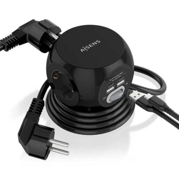 Regleta con Interruptor Aisens ASPS-2A2C05-BK/ 3 Tomas de Corriente/ 2 USB Tipo-C/ 2 USB/ Cable 1.4m/ Negro - Imagen 2