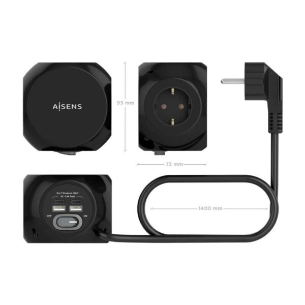 Regleta con Interruptor Aisens ASPS-2A2C05-BK/ 3 Tomas de Corriente/ 2 USB Tipo-C/ 2 USB/ Cable 1.4m/ Negro - Imagen 3