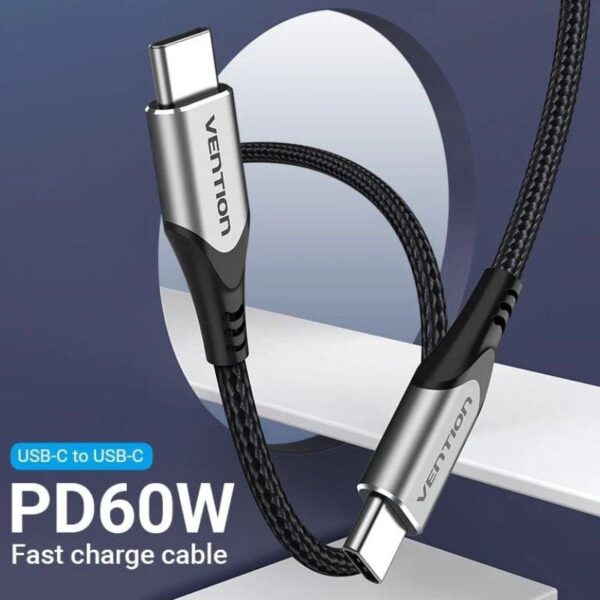 Cable USB 2.0 Tipo-C Vention TADHF/ USB Tipo-C Macho - USB Tipo-C Macho/ Hasta 60W/ 480Mbps/ 1m/ Gris - Imagen 2