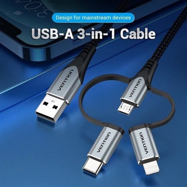 Cable USB 2.0 Tipo-C Vention CQJHG/ USB Macho/ USB Tipo-C Macho - MicroUSB Macho - Lightning Macho/ 480Mbps/ 1.5m/ Gris - Imagen 2