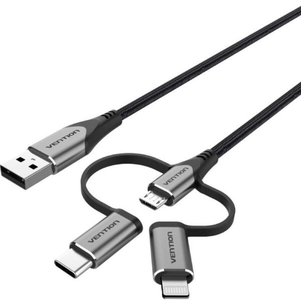 Cable USB 2.0 Tipo-C Vention CQJHG/ USB Macho/ USB Tipo-C Macho - MicroUSB Macho - Lightning Macho/ 480Mbps/ 1.5m/ Gris 6922794752863 CQJHG VEN-CAB CQJHG