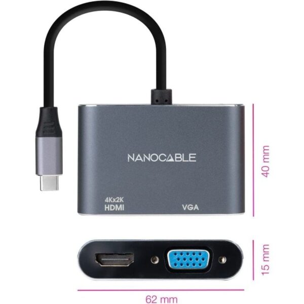 Conversor Nanocable 10.16.4303/ USB Tipo-C Macho/ HDMI Hembra - VGA Hembra/ 15cm/ Gris - Imagen 2