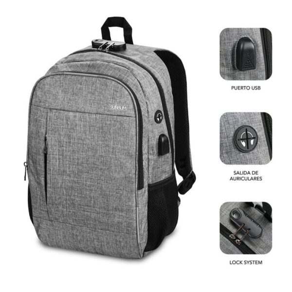 Mochila Subblim Urban Lock para Portátiles hasta 16"/ Puerto USB/ Antirrobo/ Gris - Imagen 2