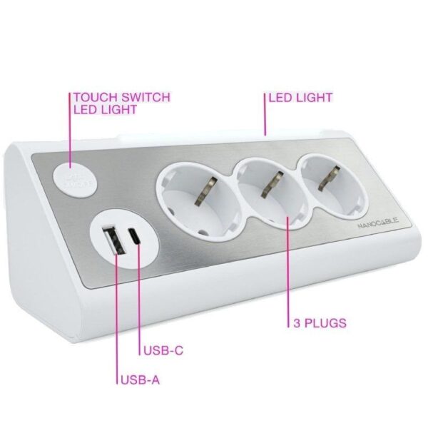 Regleta con Interruptor Nanocable 10.37.0013-W/ 3 Tomas de Corriente/ 1 USB/ 1 USB Tipo-C/ Cable 1.5m/ Blanca - Imagen 3