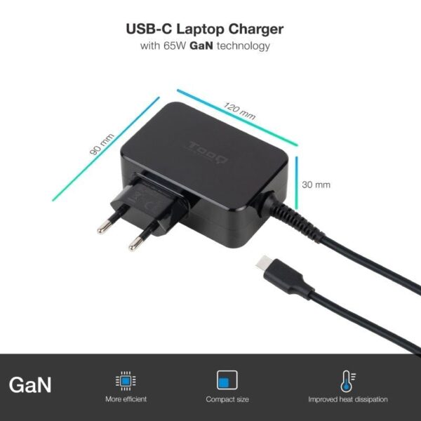 Cargador de Portátil GaN TooQ TQLC-USBCGAN65PD USB Tipo-C/ 65W/ Automático/ Voltaje 5-20V - Imagen 2