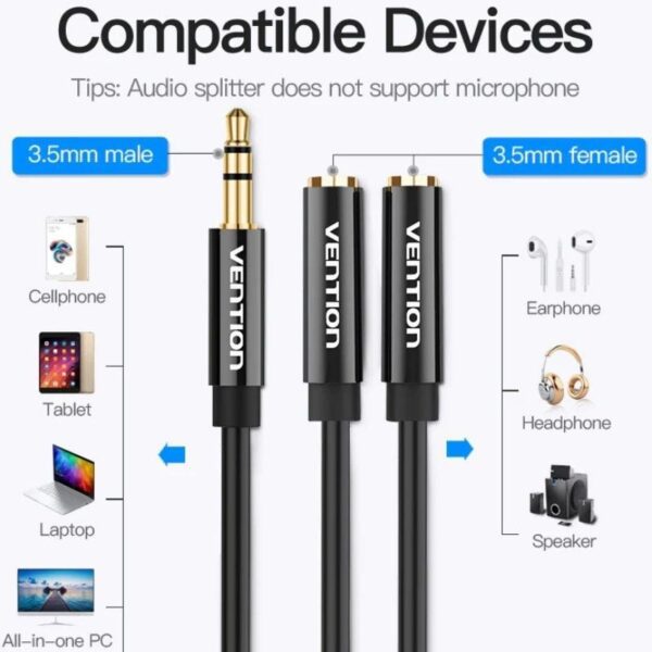 Cable Estéreo Vention BBSBY/ Jack 3.5 Macho - 2x Jack 3.5 Hembra/ 30cm/ Negro - Imagen 3