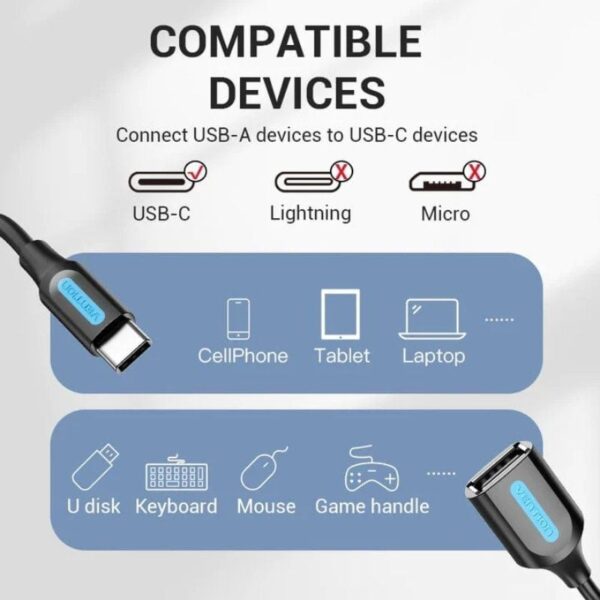 Cable USB 2.0 Vention CCSBB/ USB Tipo-C Macho - USB Hembra/ 15cm/ Negro - Imagen 3