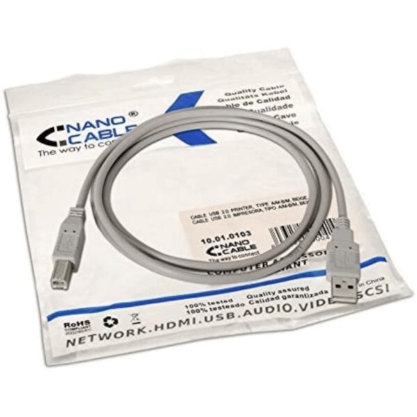 Cable USB 2.0 Impresora Nanocable 10.01.0103/ USB Tipo-B Macho - USB Macho/ 1.8m/ Beige - Imagen 5