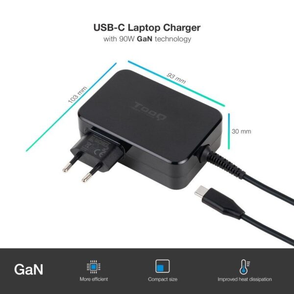 Cargador de Portátil GaN TooQ TQLC-USBCGAN90PD USB Tipo-C/ 90W/ Automático/ Voltaje 5-20V - Imagen 2
