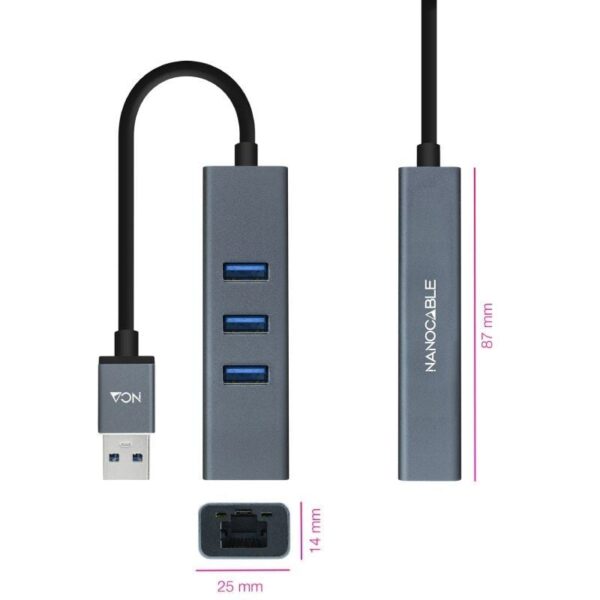 Hub USB 3.0 Nanocable 10.03.0407/ 3xUSB/ 1xRJ45/ Gris - Imagen 2