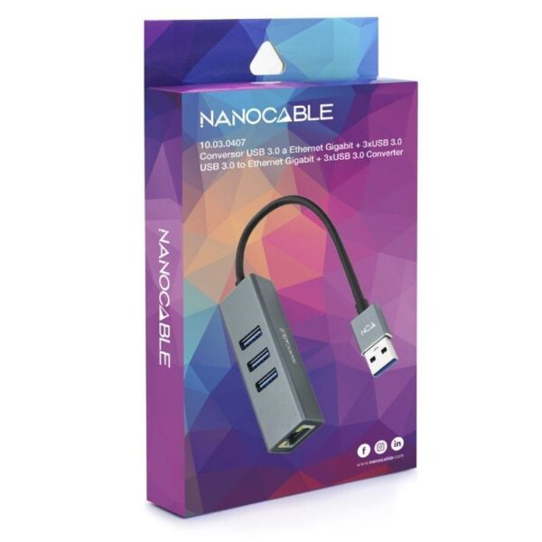 Hub USB 3.0 Nanocable 10.03.0407/ 3xUSB/ 1xRJ45/ Gris - Imagen 3