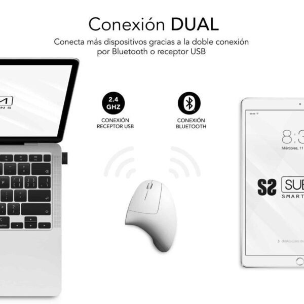 Ratón Vertical Inalámbrico por Bluetooth/ 2.4GHz Subblim Glide Vertical Ergo Dual Battery/ Batería Recargable/ Hasta 1600 DPI/ Blanco - Imagen 2