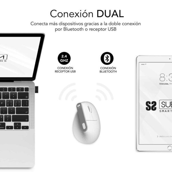 Ratón Vertical Inalámbrico por Bluetooth/ 2.4GHz Subblim Nature Vertical Ergo Dual Battery/ Batería Recargable/ Hasta 4000 DPI/ Blanco - Imagen 2