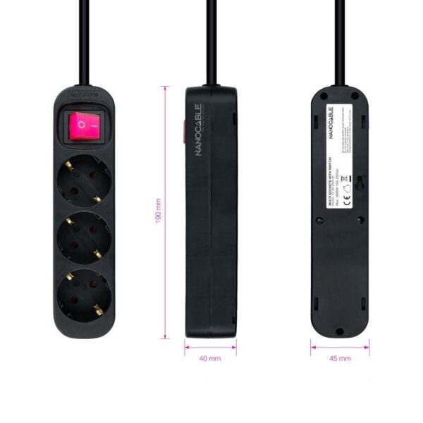 Regleta con Interruptor Nanocable 10.38.0003-BK/ 3 Tomas de Corriente/ Cable 1.4m/ Negra - Imagen 3