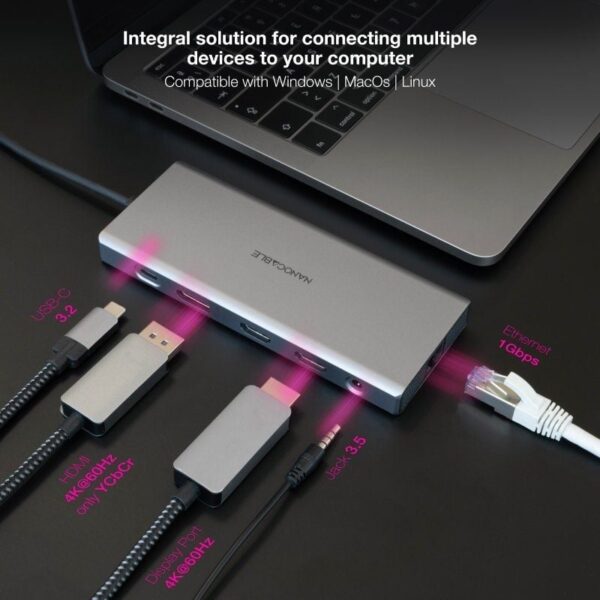 Docking Tipo-C Nanocable 10.16.4612/ 3xUSB/ 1xUSB Tipo-C/ 2xHDMI 4K/ 1xDisplayPort/ 1xRJ45/ 1xLector tarjetas/ 1xJack 3.5/ 1xUSB Tipo-C PD/ Gris - Imagen 5