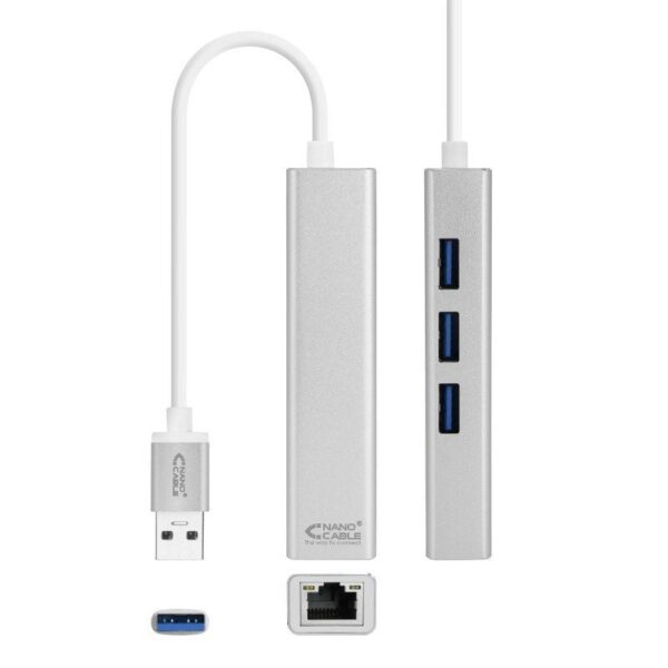 Hub USB 3.0 Nanocable 10.03.0403/ 3xUSB/ 1xRJ45/ Gris 8433281009509 10.03.0403 NAN-ADP 10 03 0403