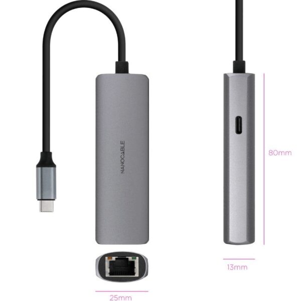 Hub USB Tipo-C 3.1 Nanocable 10.16.4603/ 1xUSB Tipo-C PD/ 1xRJ45/ Gris - Imagen 2