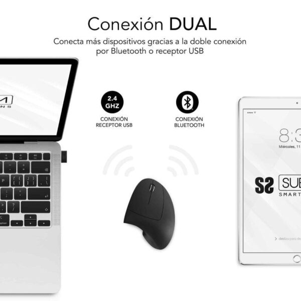 Ratón Vertical Inalámbrico por Bluetooth/ 2.4GHz Subblim Glide Vertical Ergo Dual Battery/ Batería Recargable/ Hasta 1600 DPI/ Negro - Imagen 2