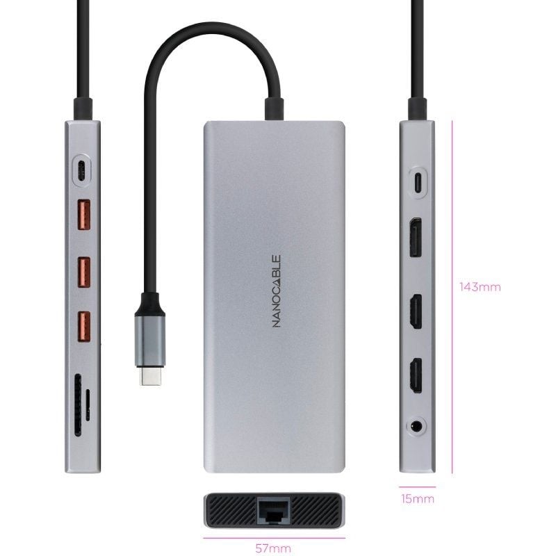 Docking Tipo-C Nanocable 10.16.4612/ 3xUSB/ 1xUSB Tipo-C/ 2xHDMI 4K/ 1xDisplayPort/ 1xRJ45/ 1xLector tarjetas/ 1xJack 3.5/ 1xUSB Tipo-C PD/ Gris - Imagen 2