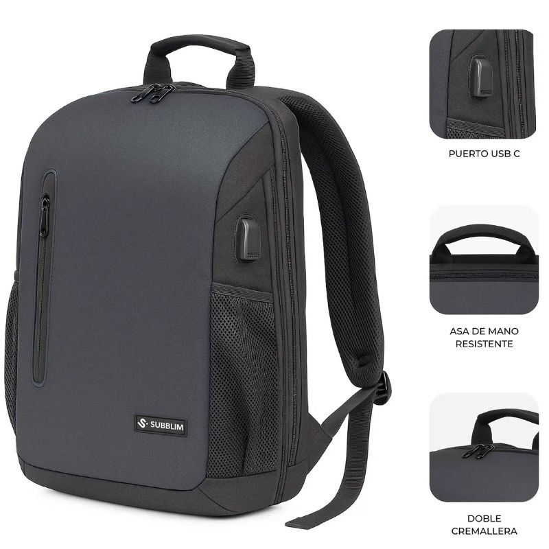 Mochila Subblim Xpand Air Padding Backpack para Portátiles hasta 15.6"/ Puerto USB/ Negro - Imagen 3
